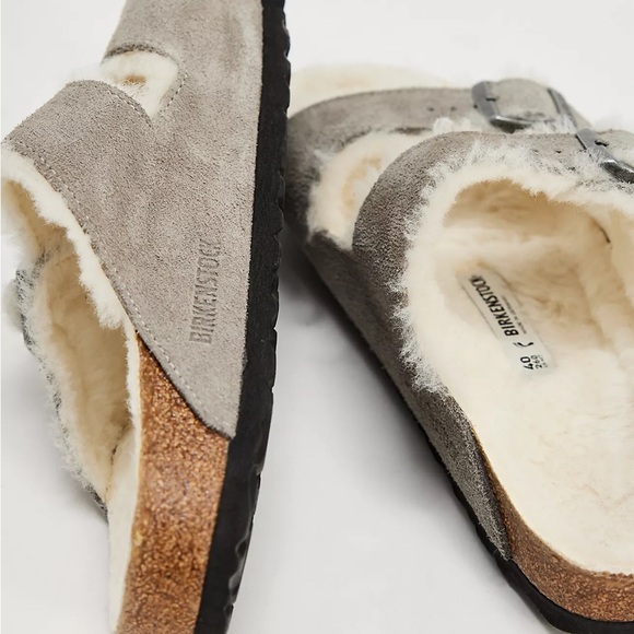 NWT Birkenstock Arizona Shearling Suede Leather Slide in Stone Coin - Picture 5 of 15